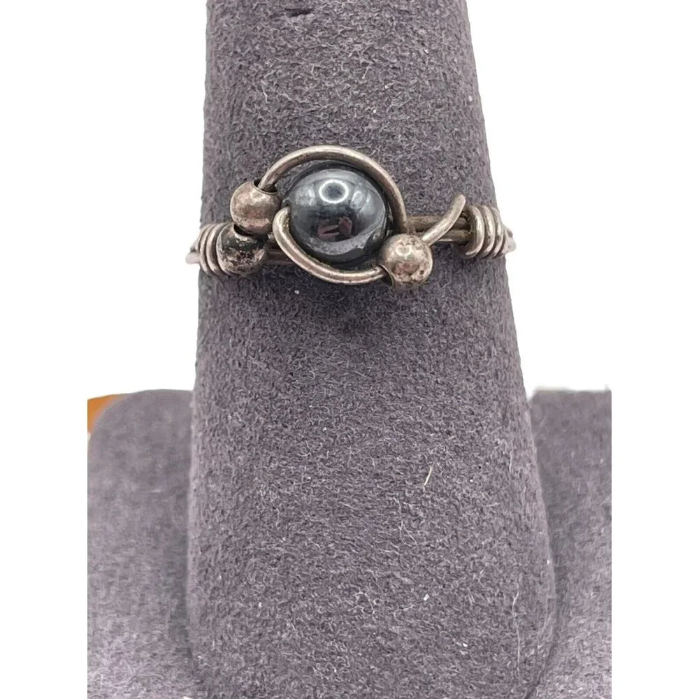 Hematite Sterling Silver Wire Wrapped Ring Size 7.75 Artisan Modernist Brutalist